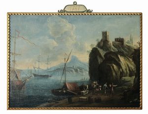 Veduta costiera con castello Veduta costiera con Vesuvio sullo sfondo Paesaggio con armenti  - Asta Fine Art Selection - Associazione Nazionale - Case d'Asta italiane