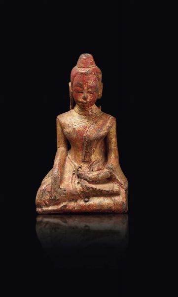 Figura di Buddha seduto scolpito in legno, Thailandia, XVIII secolo  - Asta Chinese Works of Art - Associazione Nazionale - Case d'Asta italiane