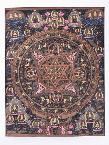 Tanka raffigurante diverse divinita con Mandala centrale, Tibet, XIX secolo  - Asta Chinese Works of Art - Associazione Nazionale - Case d'Asta italiane