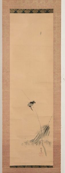 Tre dipinti su carta raffiguranti saggio ed uccellini con iscrizione, Giappone, XX secolo  - Asta Chinese Works of Art - Associazione Nazionale - Case d'Asta italiane