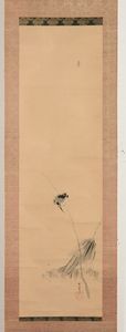 Tre dipinti su carta raffiguranti saggio ed uccellini con iscrizione, Giappone, XX secolo  - Asta Chinese Works of Art - Associazione Nazionale - Case d'Asta italiane