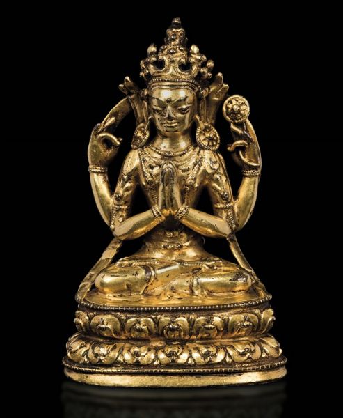Figura di Amitaya seduta su doppio fiore di loto in bronzo dorato, Cina, fine XVII secolo  - Asta Fine Chinese Works of Art - Associazione Nazionale - Case d'Asta italiane