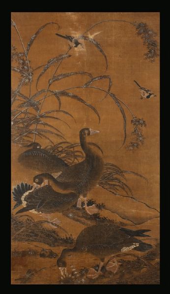 Dipinto su carta raffigurante anatre entro canneti, Cina, XIX secolo  - Asta Fine Chinese Works of Art - Associazione Nazionale - Case d'Asta italiane
