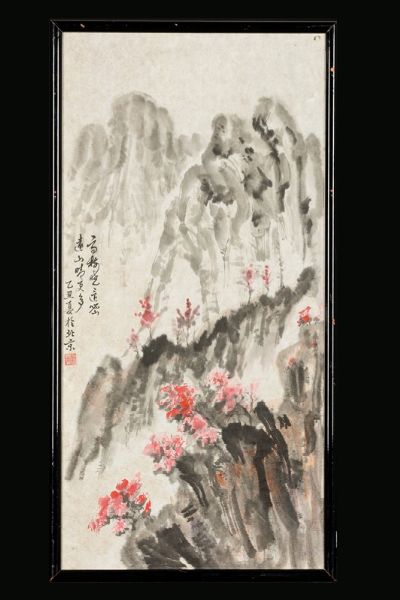 Dipinto su carta raffigurante paesaggio con rami in fiore, Cina, Dinastia Qing, XIX secolo  - Asta Fine Chinese Works of Art - Associazione Nazionale - Case d'Asta italiane