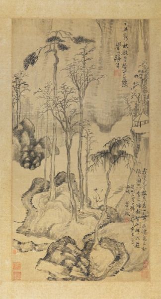 Dipinto su seta raffigurante paesaggio con contadino e pagoda, Cina,XIX secolo  - Asta Fine Chinese Works of Art - Associazione Nazionale - Case d'Asta italiane