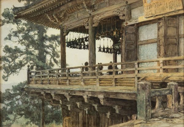 Acquerello su carta raffigurante il tempio di Nara, Giappone, firmato Yoshida Hiroshi (1876-1950)  - Asta Fine Chinese Works of Art - Associazione Nazionale - Case d'Asta italiane