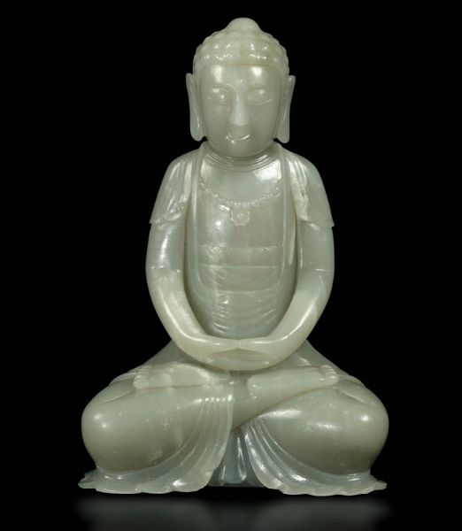 Figura di Amitayus scolpita in giada bianca, Cina, fine XIX secolo  - Asta Fine Chinese Works of Art - Associazione Nazionale - Case d'Asta italiane