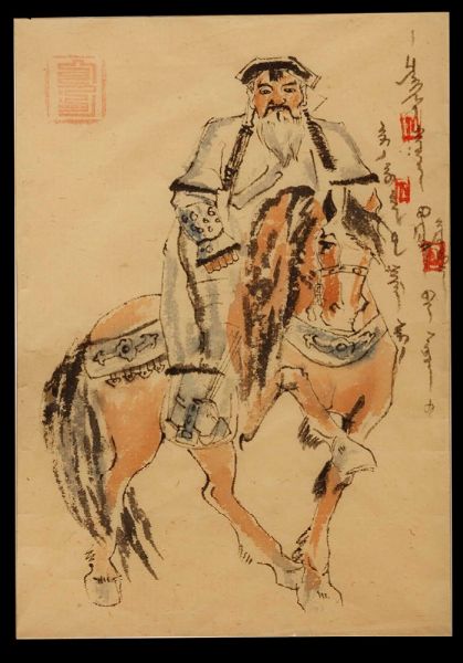 Dipinto su carta a mano libera con dignitario a cavallo con iscrizioni, Cina, inizio XX secolo  - Asta Arte Orientale - Associazione Nazionale - Case d'Asta italiane