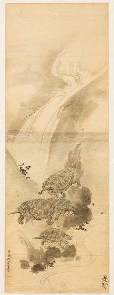 Dipinto su carta raffigurante tartarughe che si abbeverano, Cina, Dinastia Qing, fine XIX secolo  - Asta Arte Orientale - Associazione Nazionale - Case d'Asta italiane