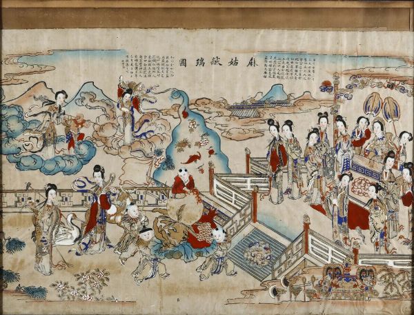 Dipinto su tela raffigurante figure di Guanyin e iscrizioni, Cina, inizio XX secolo  - Asta Arte Orientale - Associazione Nazionale - Case d'Asta italiane