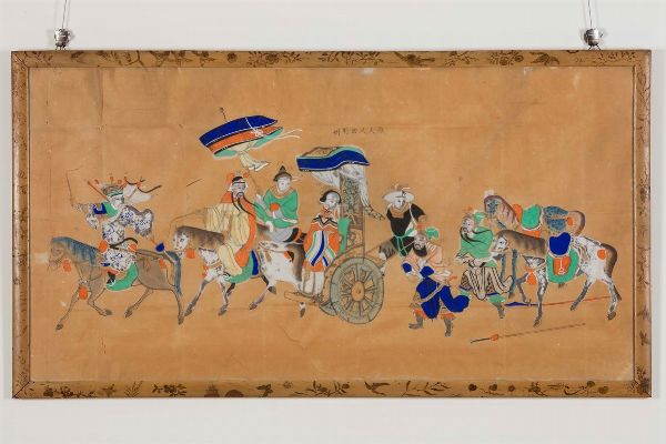 Gruppo di tre dipinti su carta raffiguranti Guanyin e corte, Cina, Dinastia Qing, XIX secolo  - Asta Arte Orientale - Associazione Nazionale - Case d'Asta italiane