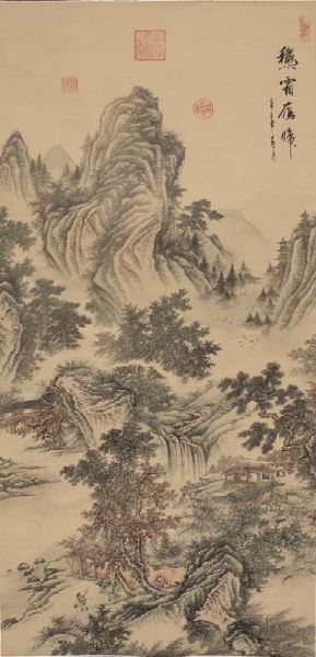 Dipinto su seta raffigurante paesaggio con iscrizione, Cina, XX secolo  - Asta Arte Orientale - Associazione Nazionale - Case d'Asta italiane