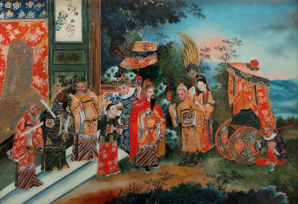 Dipinto su vetro con lumeggiature in oro raffigurante dignitari, Cina, fine XIX secolo  - Asta Arte Orientale - Associazione Nazionale - Case d'Asta italiane