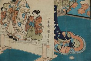 Coppia di stampe raffiguranti l'educazione della Geisha, Cina, Dinastia Qing, XIX secolo  - Asta Arte Orientale - Associazione Nazionale - Case d'Asta italiane