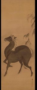 Dipinto su seta raffigurante cavallo, Giappone, firmato Renzan Gantoku (1805-1859)  - Asta Arte Orientale - Associazione Nazionale - Case d'Asta italiane