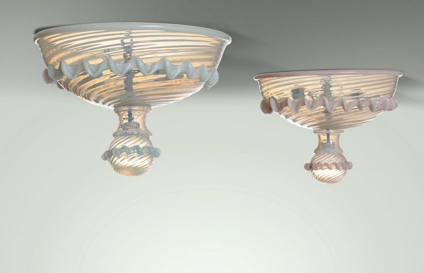 Due plafoniere con struttura in ottone e vetro di Murano colorato.  - Asta Design - Associazione Nazionale - Case d'Asta italiane
