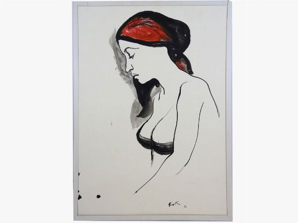 Renato Guttuso : Donna con fazzoletto rosso 1970  - Asta Arte moderna e contemporanea / Arredi, Argenti e Dipinti Antichi - Associazione Nazionale - Case d'Asta italiane