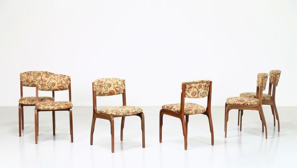 FRATTINI GIANFRANCO (1926 - 2004) : Sei sedie in legno e tessuto originale  per Cantieri Carugati 1964  - Asta ASTA 257 DESIGN (ONLINE) - Associazione Nazionale - Case d'Asta italiane