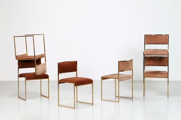RIZZO WILLY (1928 - 2013) : Sei sedie in metallo ottonato e tessuto  per Sabot  - Asta ASTA 257 DESIGN (ONLINE) - Associazione Nazionale - Case d'Asta italiane