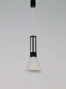 STILNOVO - Lampada a sospensione in alluminio e vetro satinato  anni 50. Etichetta presente