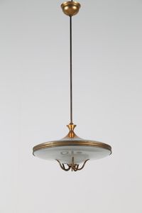 MANIFATTURA ITALIANA - Lampadario in metallo laccato ottone e vetro inciso  anni 40