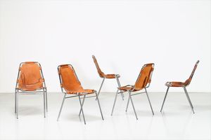 PERRIAND CHARLOTTE - Cinque sedie struttura in tubolare cromato  seduta e schienale in cuoio  mod. Les Arcs  Francia anni 60.