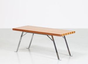MANIFATTURA ITALIANA - Tavolino con piano in legno bicolore e metallo cromato