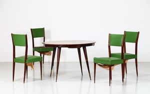 MANIFATTURA ITALIANA - Tavolo da gioco con quattro sedie in legno  formica  puntali in ottone e rivestimento in sky originale  anni 40