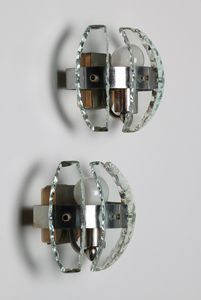MANIFATTURA ITALIANA - Coppia di appliques in metallo cromato e cristallo molato  anni 60