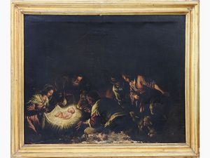 Seguace di Jacopo Bassano : Adorazione dei pastori  - Asta Arredi e dipinti antichi - Associazione Nazionale - Case d'Asta italiane