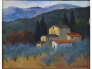 Nino Tirinnanzi - Paesaggio toscano con vedute di casa