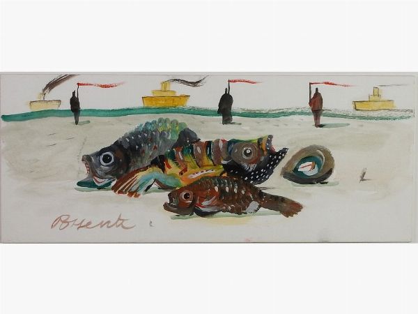 Antonio Possenti : Paesaggio marino con natura morta con pesci  - Asta Arte moderna e contemporanea - Associazione Nazionale - Case d'Asta italiane