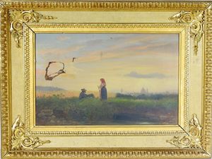Lorenzo Gelati - Paesaggio campestre con figure e veduta di Firenze sullo sfondo