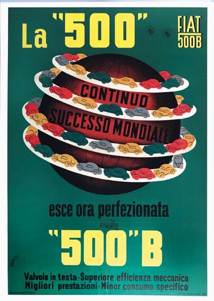 LA 500, CONTINUO SUCCESSO MONDIALE, ESCE ORA PERFEZIONATA 500B  - Asta Manifesti d'Epoca - Associazione Nazionale - Case d'Asta italiane