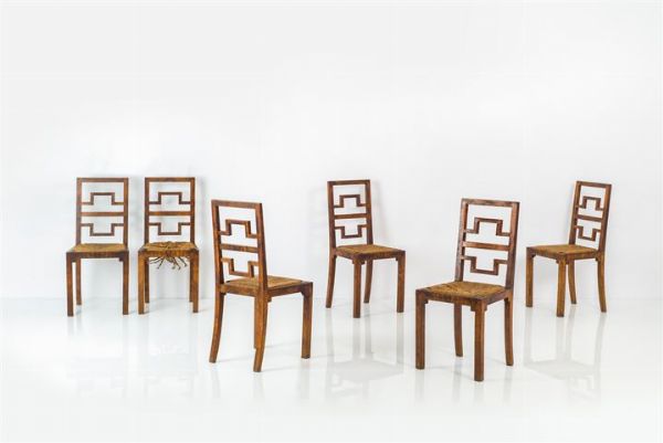 PONTI GIO  attribuito : Sei sedie con struttura in radica  seduta in paglia. Anni '30 cm 99 5x45x43  - Asta Design - Associazione Nazionale - Case d'Asta italiane