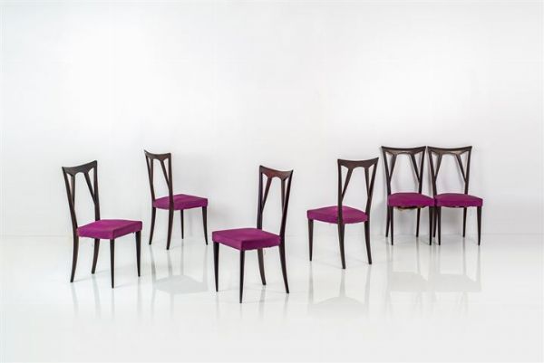 PRODUZIONE ITALIANA : Sei sedie con struttura in legno  seduta imbottita rivestita in skai. Anni '50 cm 96x45x41  - Asta Design - Associazione Nazionale - Case d'Asta italiane