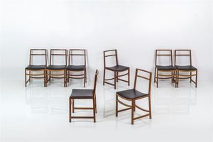 VENTURI RENATO - Otto sedie con struttura in legno  seduta imbottita rivestita in pelle. Prod. MIM 1959 Etichetta del produttore  [..]