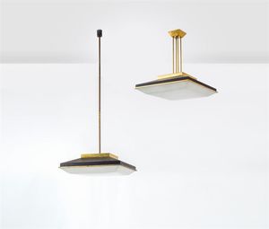 PRODUZIONE ITALIANA - Coppia di lampade a sospensione in metallo verniciato  tige in ottone. Anni '50 rispettivamente cm 71x62x62 e  [..]