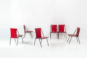 PRODUZIONE ITALIANA - Sei sedie con struttura in tondino di metallo verniciato  sedili e schienali in cuoio. Anni '50 cm 82x47x55