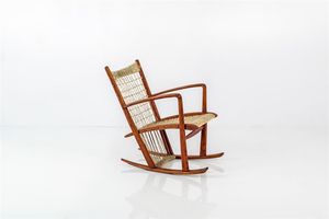 PECORINI GUGLIELMO  attribuito - Sedia a dondolo in legno  sedile e schienale in corda. Anni '40 cm 92x64x63