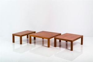 PRODUZIONE ITALIANA - Tre tavolini in legno di teak con profili in ottone. Anni '60 rispettivamente cm 35x90x45  35x90x90  35x90x70
