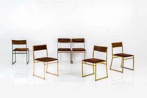 REGA ROMEO - Sei sedie con struttura in ottone lucido  sedili e schienali imbottiti rivestiti in tessuto. Anni '70 cm 81x46 [..]