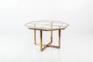 REGA ROMEO - Tavolo in metallo cromato e ottone lucido  piano in vetro. Anni '70 cm 74x130x130