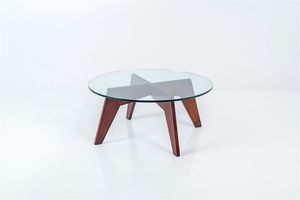 PRODUZIONE ITALIANA - Tavolino impiallacciato in legno di noce  piano in vetro molato di forte spessore. Anni '50 cm 46 5x102