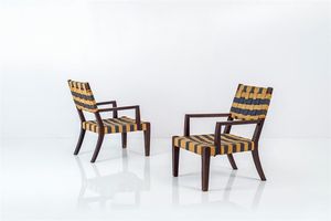 PRODUZIONE ITALIANA - Coppia di poltrone in legno  sedili e schienali in corda intrecciata. Anni '40 cm 80x53x60