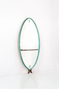 CRISTAL ART - Specchiera ovale con bordo in vetro colorato decorato alla mola  mensola in vetro di forte spessore  sostegno  [..]