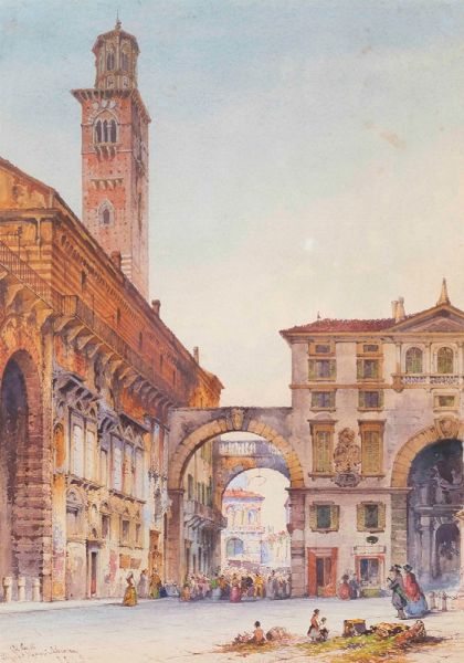 Carelli Gabriele : Piazza dei Signori a Verona  - Asta Dipinti del XIX e XX secolo - Associazione Nazionale - Case d'Asta italiane