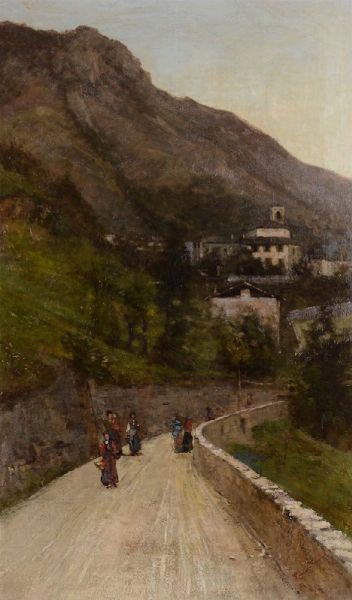 Gignous Lorenzo : Paesaggio con strada e figure  - Asta Dipinti del XIX e XX secolo - Associazione Nazionale - Case d'Asta italiane
