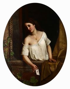 Toniolo Leopoldo - Ritratto femminile con lettera, 1890