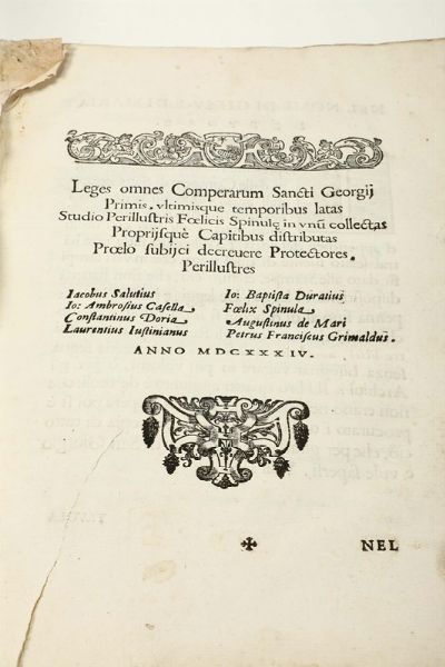 Leggi delle Compere di San Giorgio..Genova,Pavoni, 1634..  - Asta Vedute, Carte e Libri Rari - Associazione Nazionale - Case d'Asta italiane